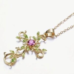 Flower and Cross Elegant Fashion Necklace, Faux Diamond Leaf w Dainty Chain